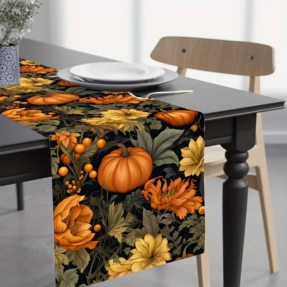 Autumn Harvest Linen Table Runner Fall Thanksgiving Pumpkin Printed Table Runner Outdoor Garden Party Kitchen Dining Table Decor