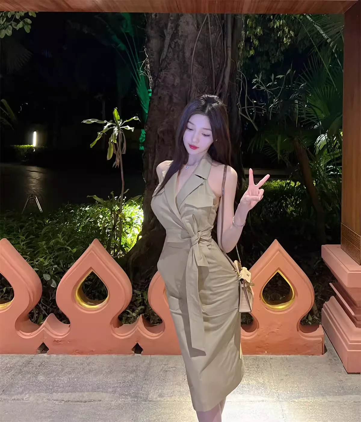 

5K Workwear Midi Dr Ne Hanging Collar Ba Split Tight Fit Knot Cotton High Waist H-ape Casual Summer Dr