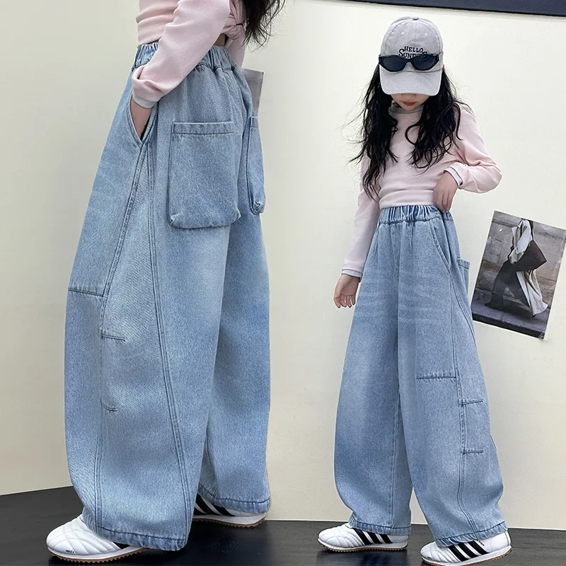 Fashion Kids Girl Street Style Hip Hop Denim Pants Children Light Blue Wash Curved Jeans For Teenager Spring Dancing Trousers