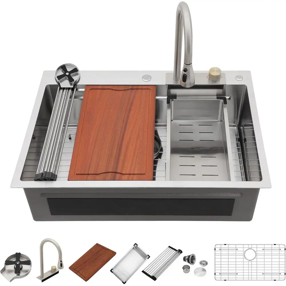 

33x22 Waterfall Kitchen Sink Smart Workstation Sink with Faucet Combo 304 Stainless Steel 16 Gauge Drop In Single Bowl Multifunc