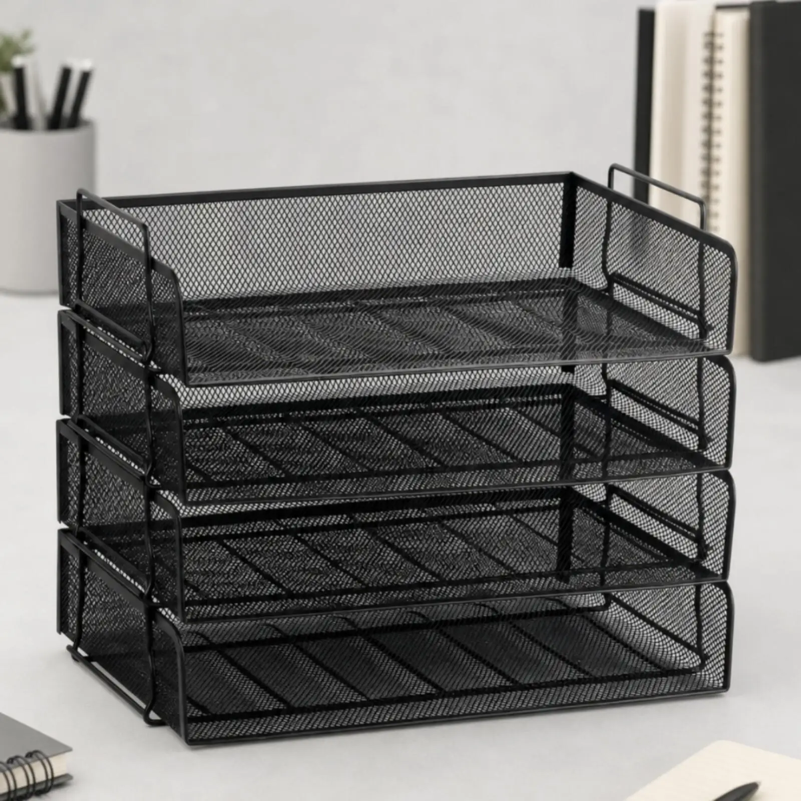 4-Tray Mesh Document Organizer Vertical Black Metal Desk File Sorter for Office