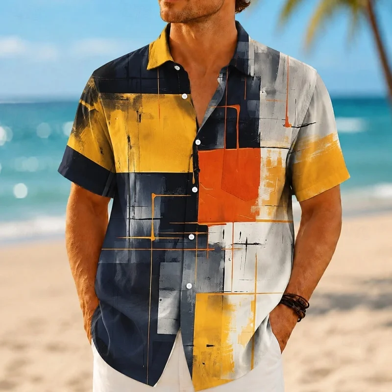 Men's abstract oil painting checkered printed short sleeved shirt, loose collared cardigan, Hawaiian beach vacation casual shirt