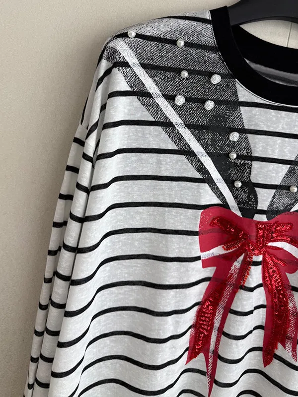 Loose Fit Women's Long Sleeve T-shirt Korean Style College Preppy  Knot Striped Design round Neck Top for Autumn