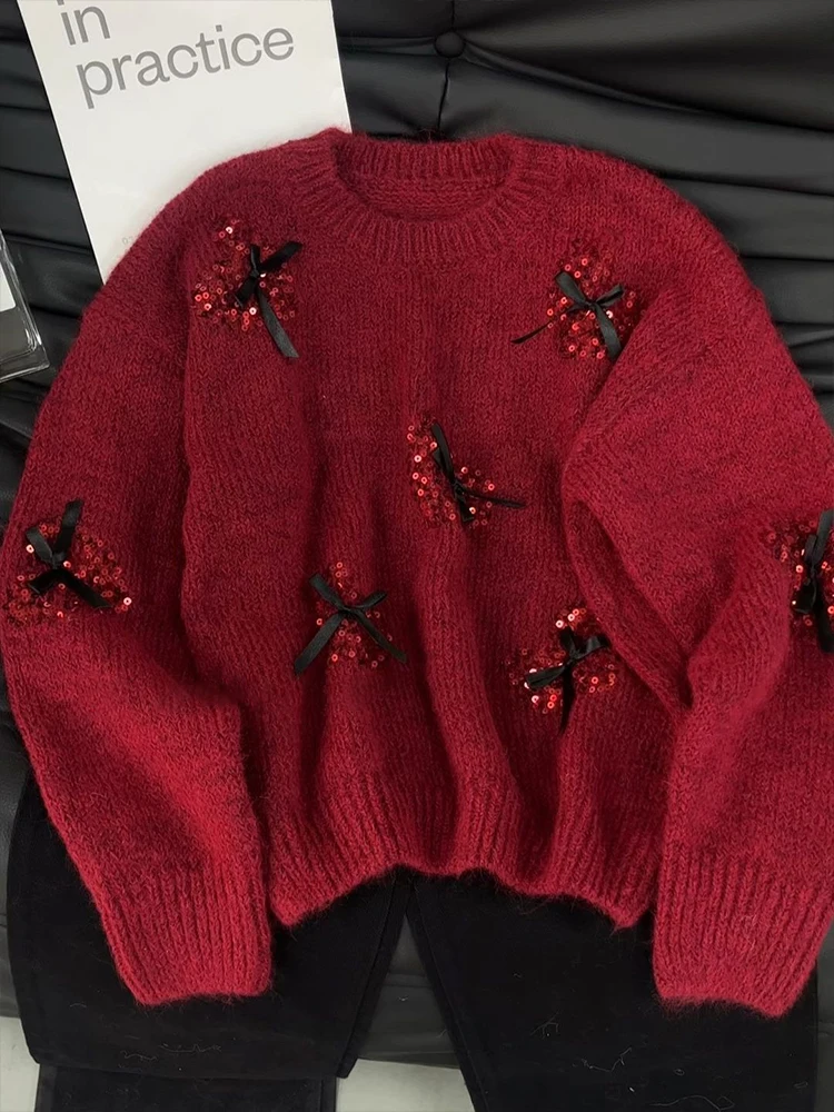 Sequins Love Pattern Bow Round Neck Sweater Women New Spring Autumn Lazy Style Soft Glutinous Versatile Long Sleeve Knitted Top