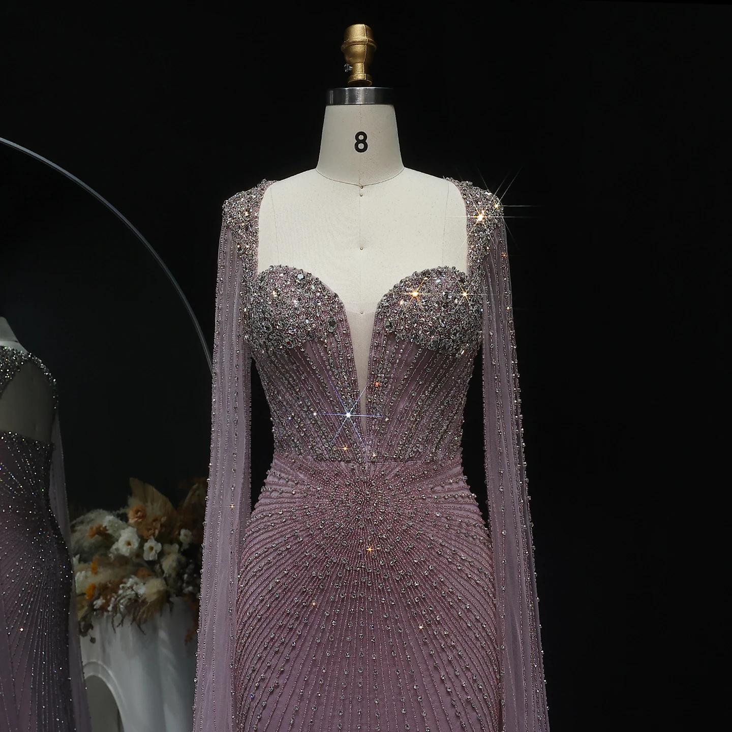 Sharon Said Luxury Beaded Nude Dubai Evening Dress with Cape Sleeves Elegant Pink Arabic Wedding Party Gowns SS194 Customized image 6