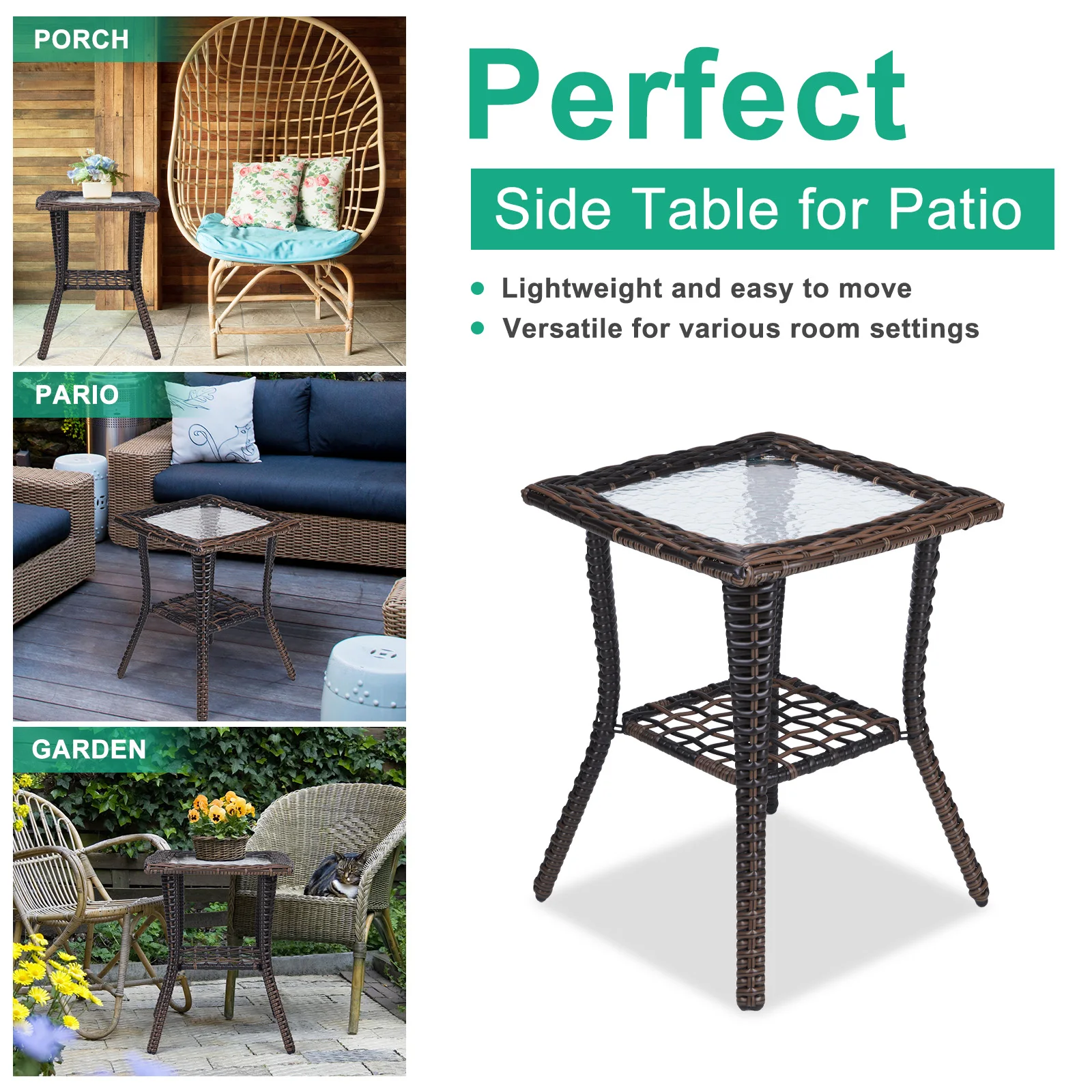 

Outdoor Wicker Side Table, Rattan End Table with Glass Top, Patio Coffee Bistro Table for Indoor Garden Porch Balcony, Brown