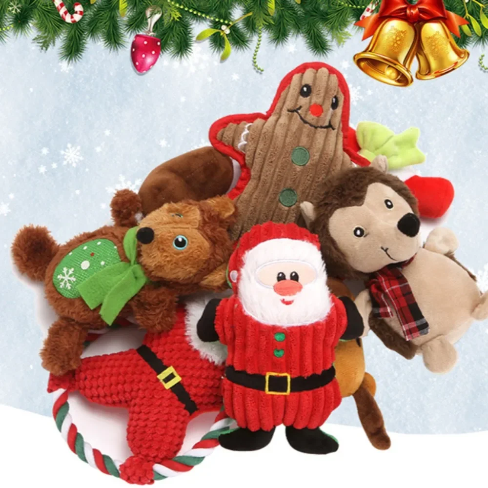 Xmas Pet Dog Plush Chew Toy Santa Elk Gingerbread Man Donut Cat Dog Christmas Series Cartoon Dog Toy Plush Squeak Toy Cookies