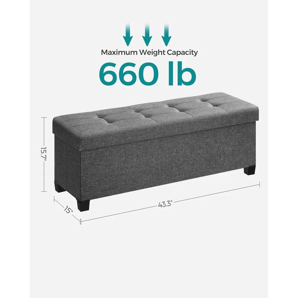 Storage Ottoman Bench, Foldable Foot Rest with Legs, 15 x 43 x 15.7 Inches, End of Bed Bench, Storage Chest, Load up to 660 lb,