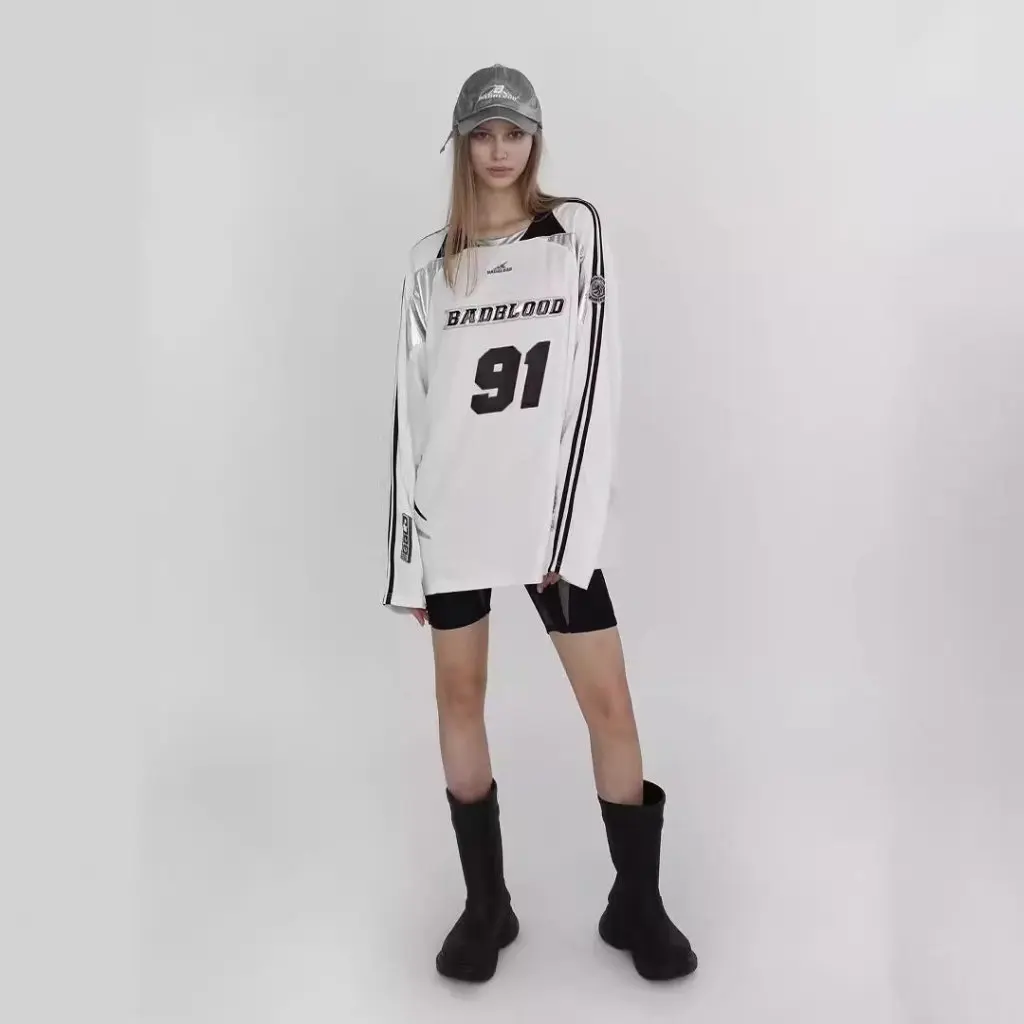 

Badblood Loose Casual Sports Jersey T-Shirt for Men And Women with Embroidered Patch Stitching Mesh Long Sleeve Fashion Top