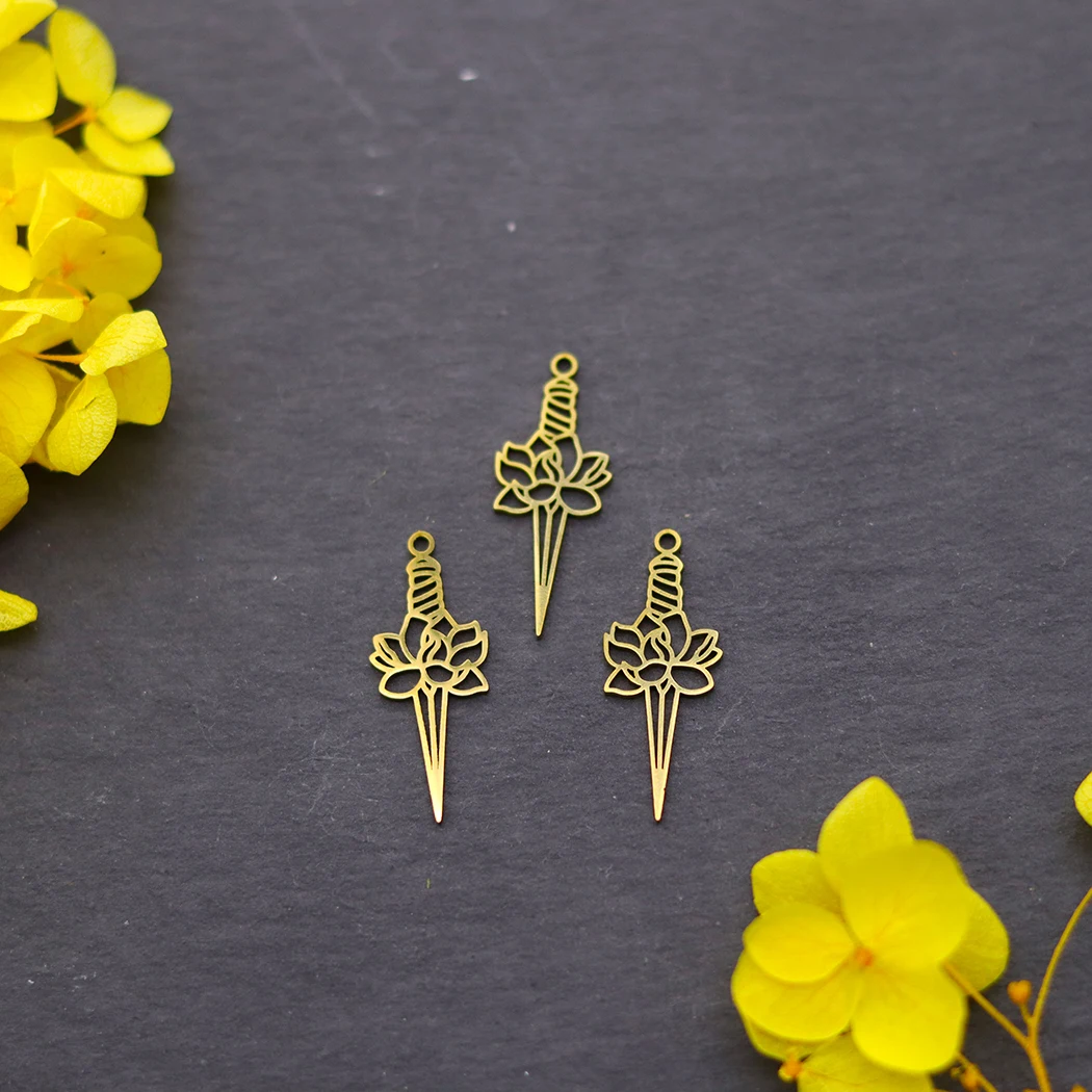 3pcs Neo-Gothic Lotus Cross Sword Stainless Steel Charms for Jewelry Making Earrings Bracelets Finding Flower Art Line Pendant