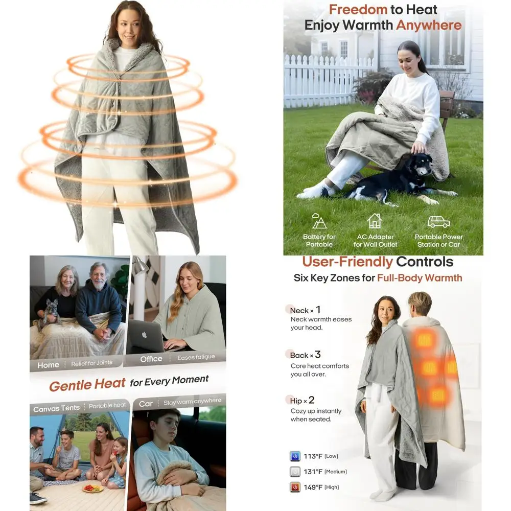 

Portable Electric Heated Blanket, Wearable Battery-Powered Shawl, Rechargeable Warming Throw Blanket