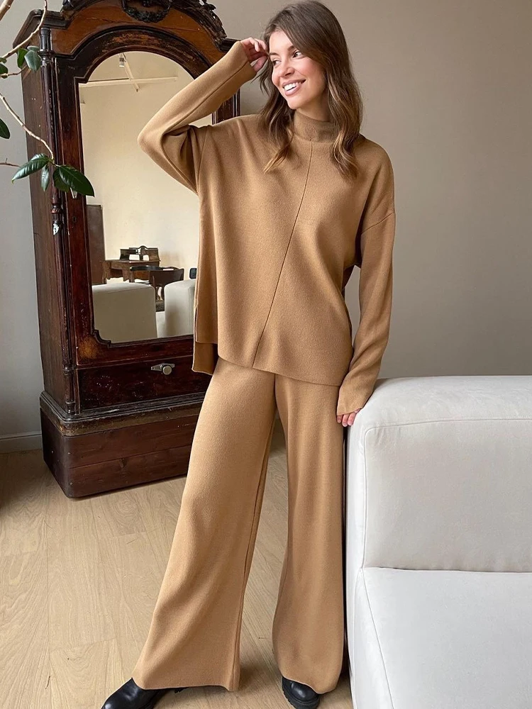 Sweater Sets For Women 2 Piece Cotton High Neck Knitted Women\'S Tracksuit Straight Wide Leg Pants Women\'S Clothing Sales  ﻿