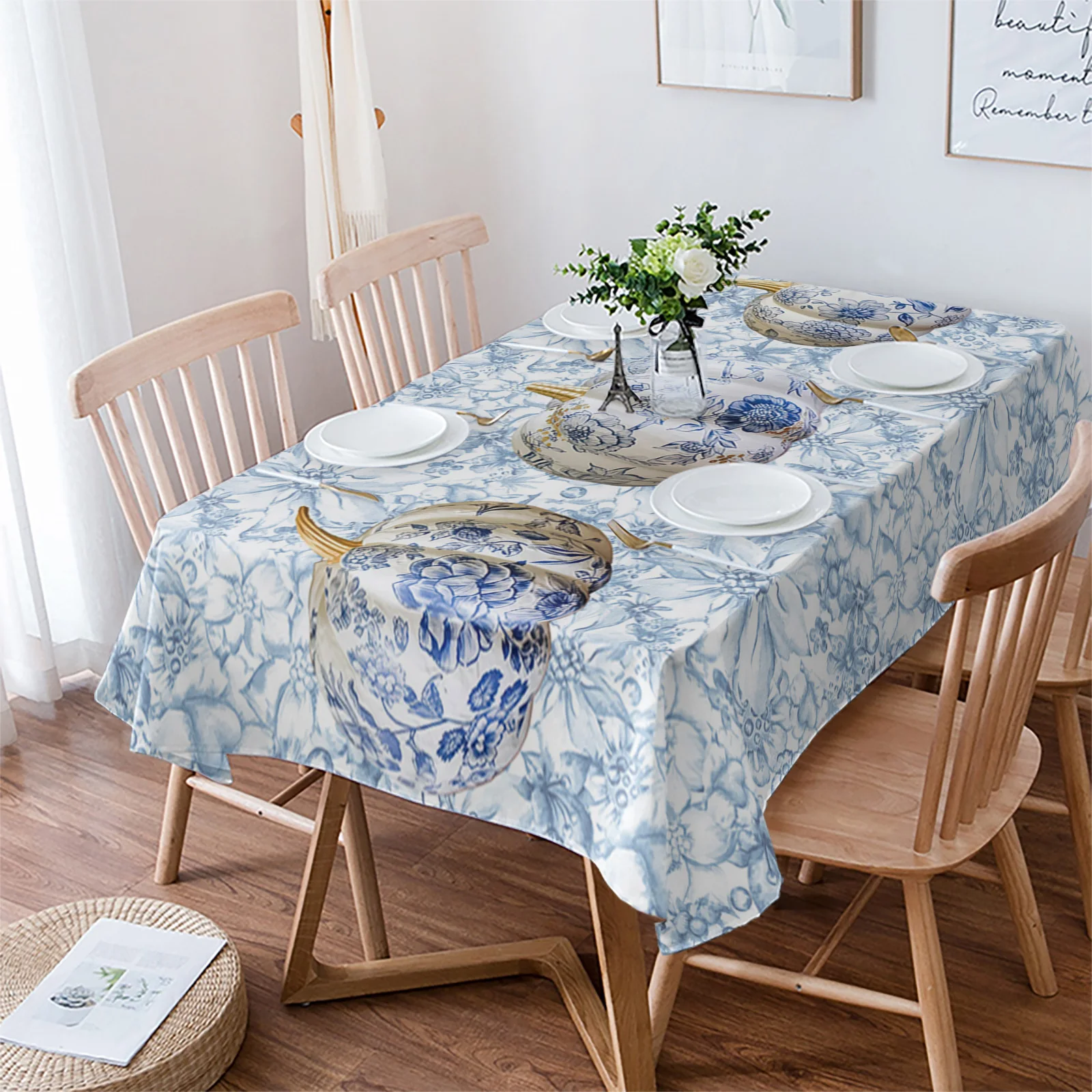 Thanksgiving Pumpkin Blue And White Pottery Table Cloth Waterproof Dining Tablecloth Kitchen Decorative Party Table Cover