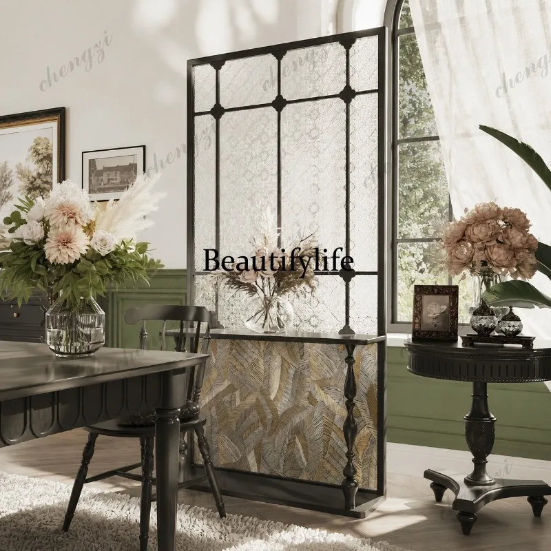 H134 Movable glass entryway screen partition, solid wood entrance facing the door to block storage racks