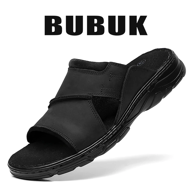 Bubuk メンズ本革スリッポンスリッパ、第一層牛革ビーチサンダル、カジュアルメンズシューズ、アーチサポート補正、屋内外着用に適しています