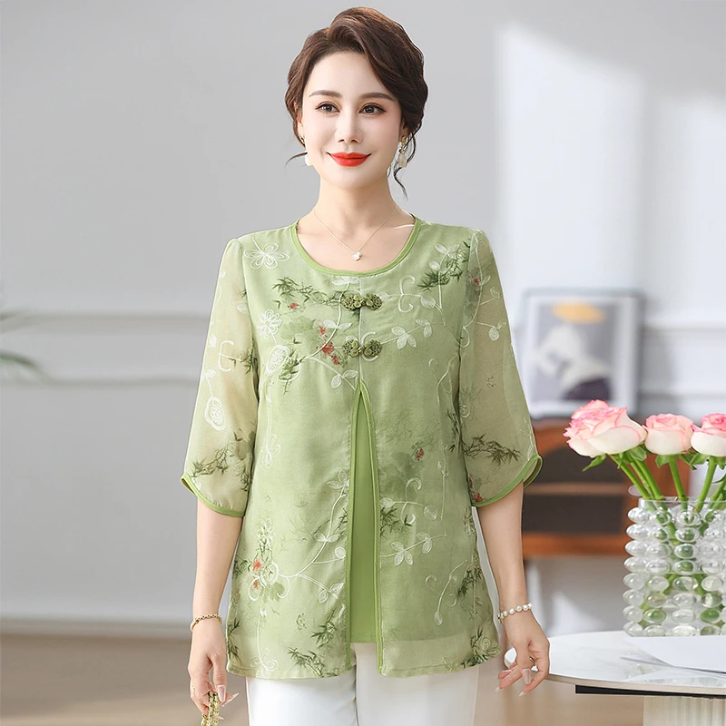 Fake Two Pieces Shirt Women Lace Hollow Half Sleeve Tops Summer Grandma Clothing Stretch  Middle Age Mother Blouse