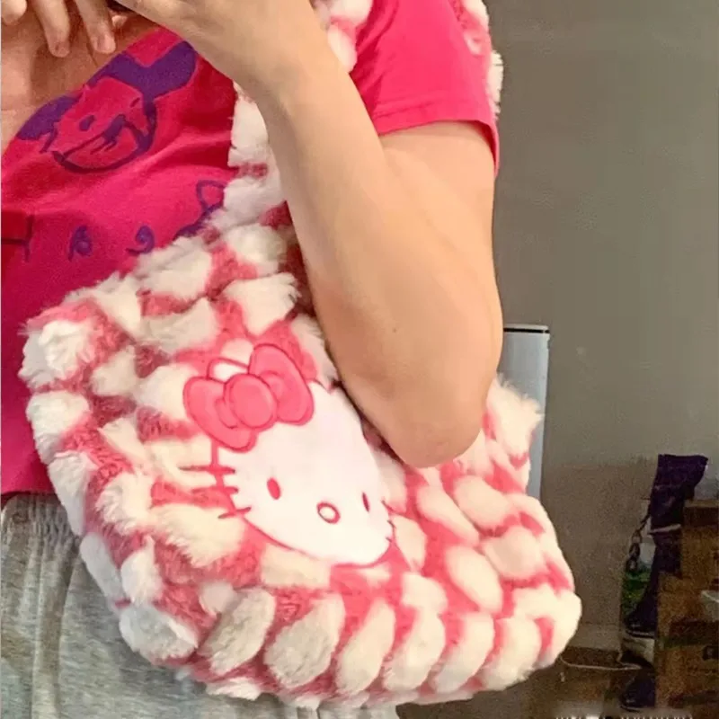 Hello Kitty Fluffy Handbag For Y2k Girl New Sanrio Fashion Leisure Korean Style Shoulder Bags Women Pink Cute Plush Spot Bags