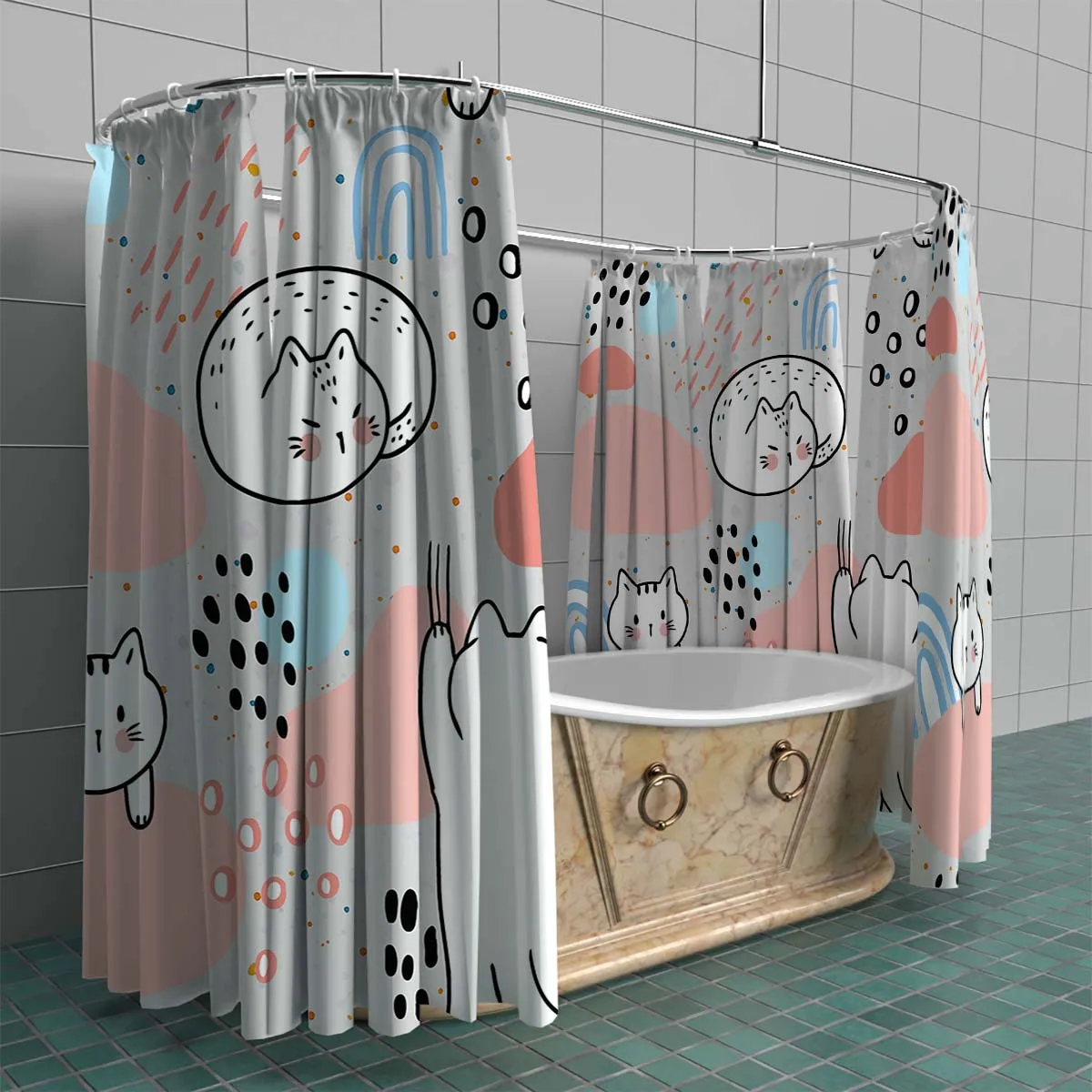 180x180cm bathroom waterproof polyester shower curtain, mold resistant, perforated with hooks, light gray pink cartoon kitten