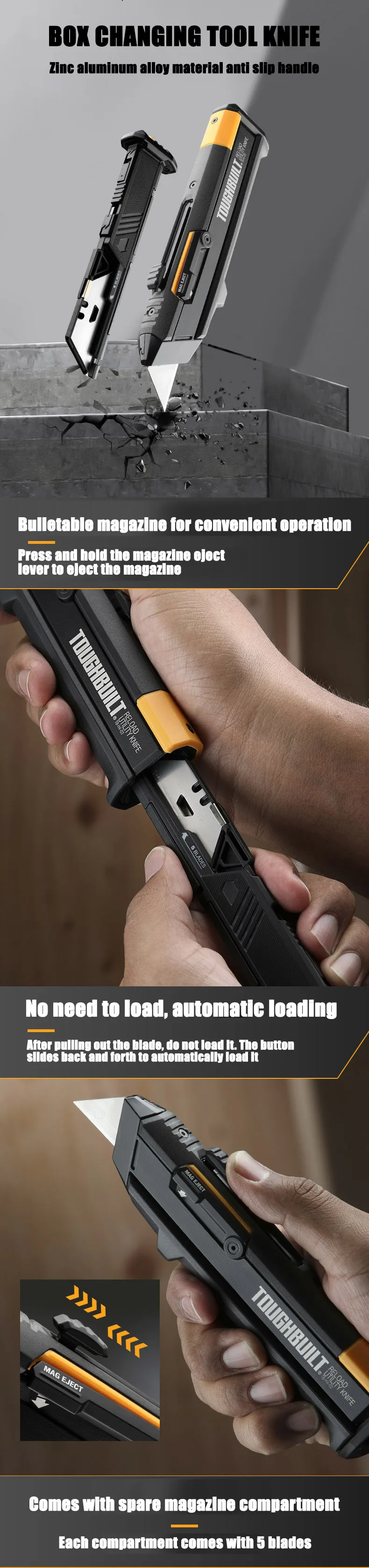TOUGHBUILT TB-H4S2-03 Multifunktionales Kunstmesser mit Doppelklinge und Magazin, Austauschbares Manuelles Schneidwerkzeug, Mehrzweckmesser – Detail 1