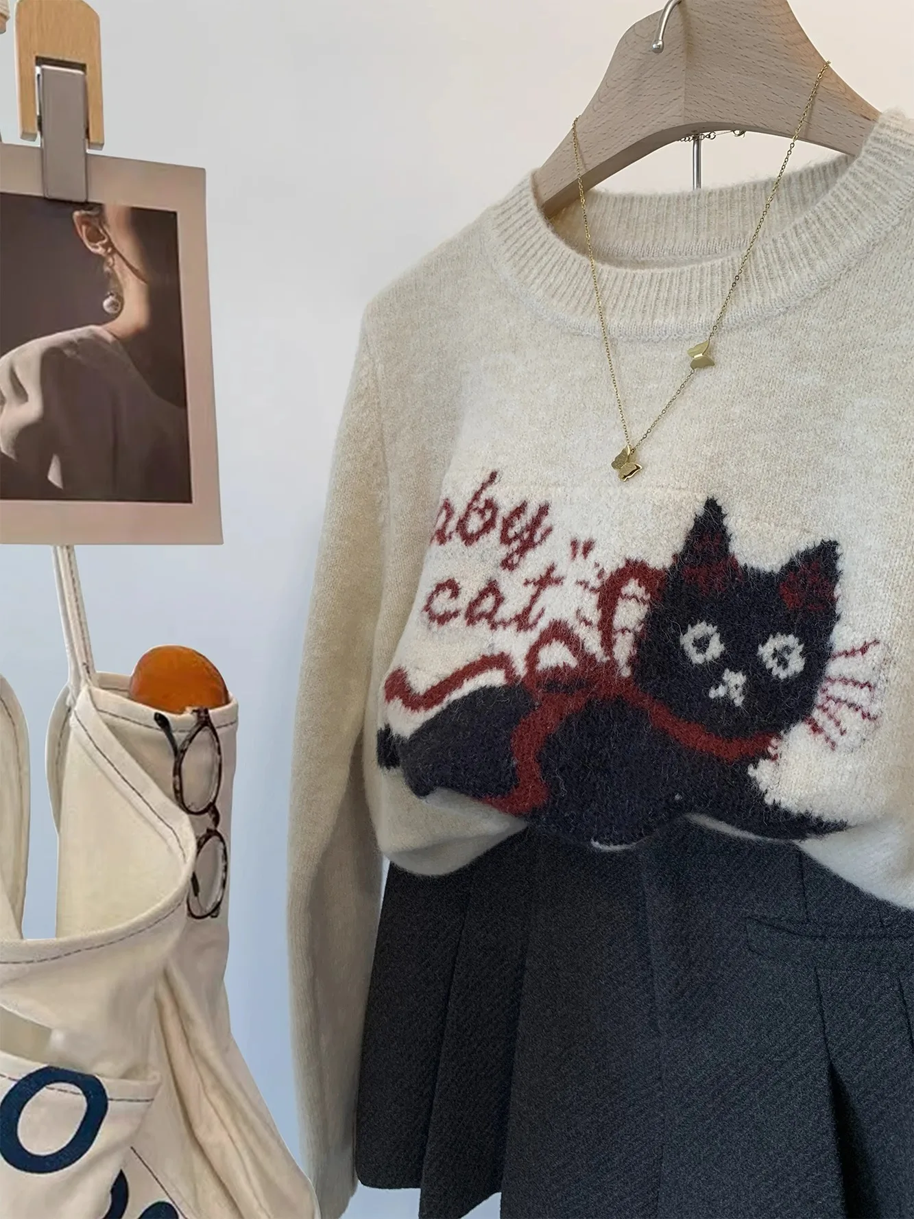 Cartoon Mohair Sweater Men Women Loose Knitted Jumpers Autumn Streetwear Harajuku Cartoon Funny Cat Pattern Pullovers Couple