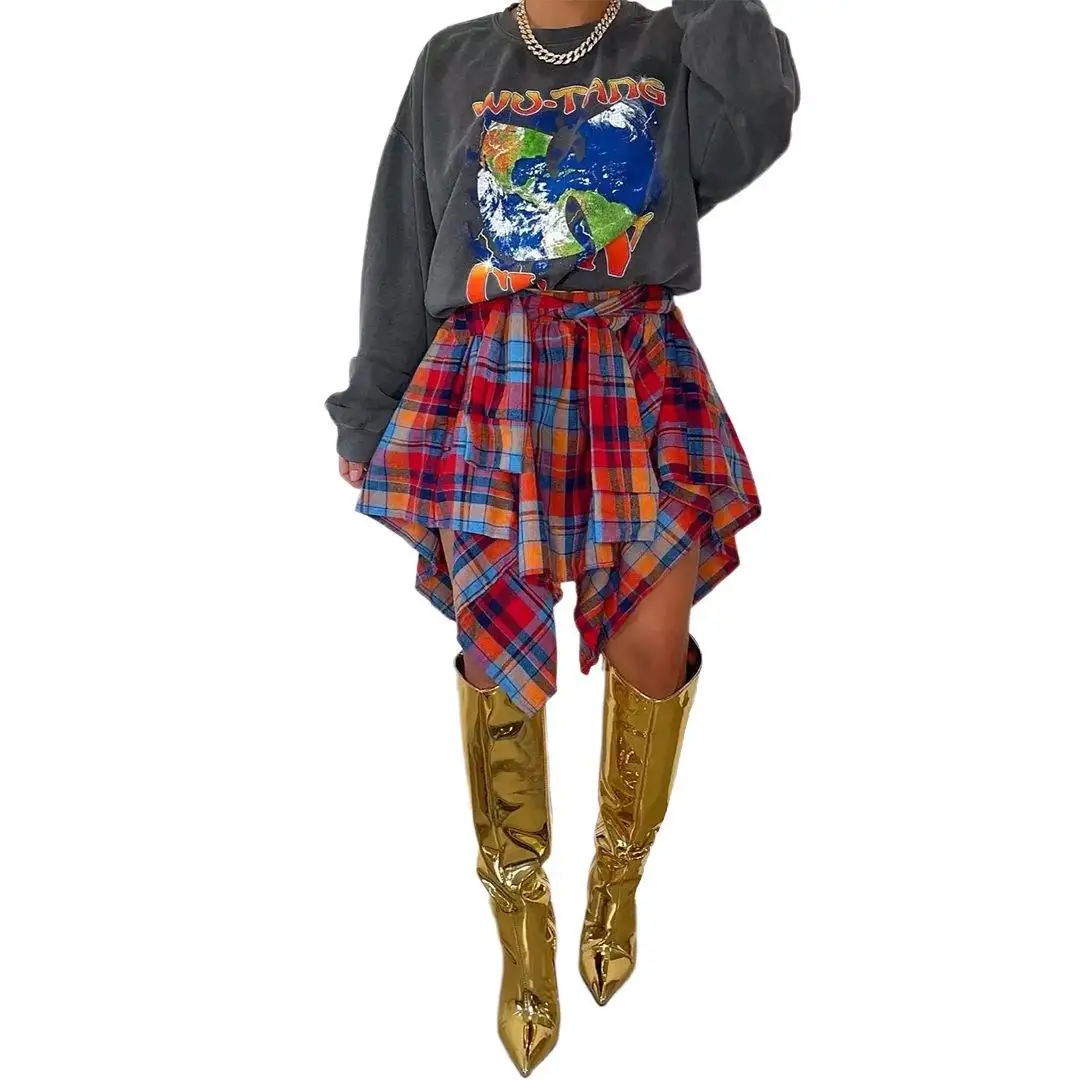 

Women's ort Plaid Skirt Multicolored Tie Fake irt Design mid Waist A-Line Skirt Polyester Cotton Blend Summer Faion