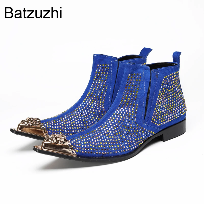 

Batzuzhi Leather Ankle Boots Man Designer's Rhinestones with Iron Toe Slip on Men's Leather Ankle Boots Man Wedding, Party Botas