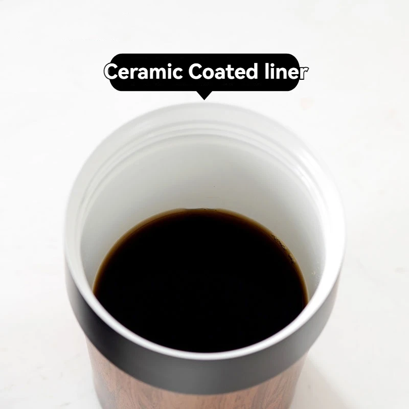 Portable Wood Grain Coffee Mug with Lids Vacuum Insulated Tumbler Thermos Cup for Keep Coffee Tea Hot Cold Inner Ceramic Coating