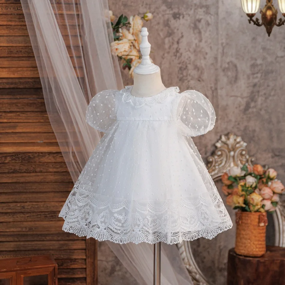 Newborn White Dot Tulle Dress Ruffle Lace Short Sleeve Scalloped Lace Hem A-Line Mini Tutu Skirt Baby Baptism Gown Dresses ASQ03