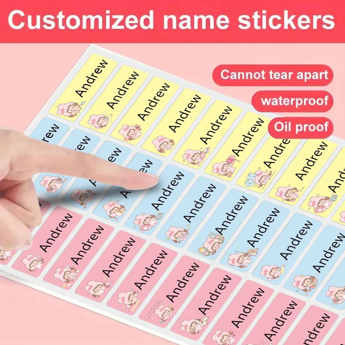 Custom name stickers-T1-waterproof label stickers with pink girl cartoon pattern,kindergarten stationery water cup labels