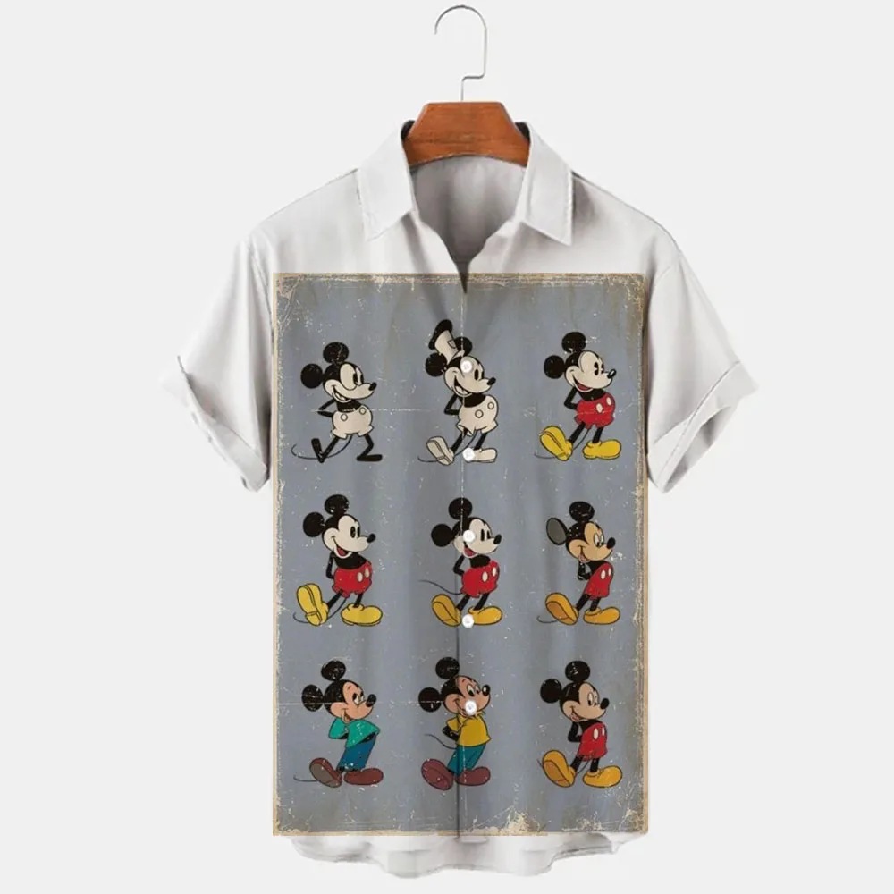 New Summer 2024 Disney Winnie The Pooh And Mickey Brand Cartoon Casual 3D Printed Short Sleeve Lapel Shirt Slim Fit Men\'s Top