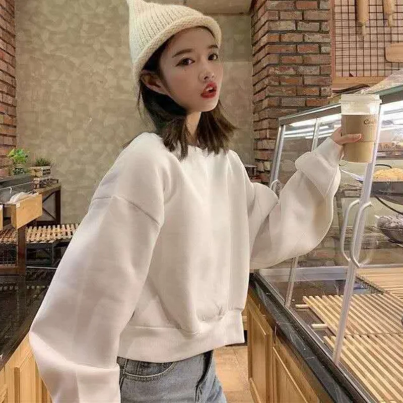 Women Sweatshirts Solid Casual Aesthetic Long Sleeve Cropped All-match Fashion Feminino Students Friends Autumn Simple Ulzzang