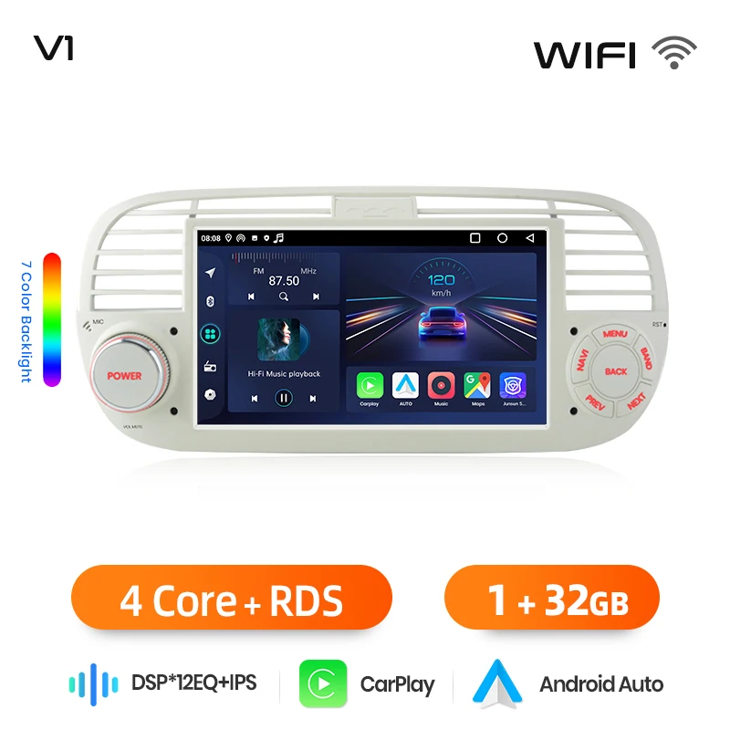 Junsun 7 inch draadloze CarPlay Android Auto autoradio voor Fiat 500 500C Abarth 2007-2015 Multimedia draadloze Apple CarPlay Smart Intelligent Systems IPS touchscreen stereo videospeler 2 Din