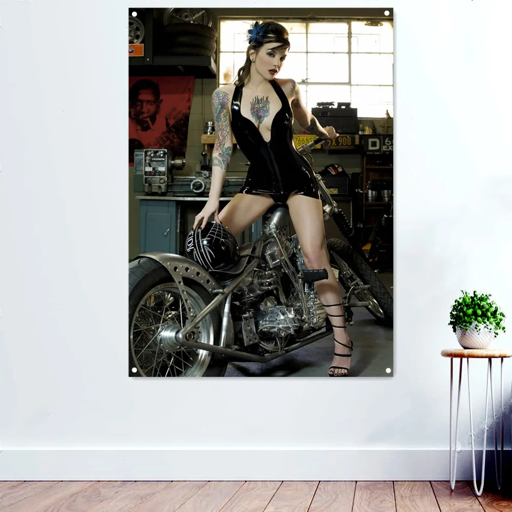 

Naked Girl on Motorcycle Posters & Prints For Boys Room Banner Wall Art Flag Pub Club Man Cave Bar Garage Wall Decor Painting