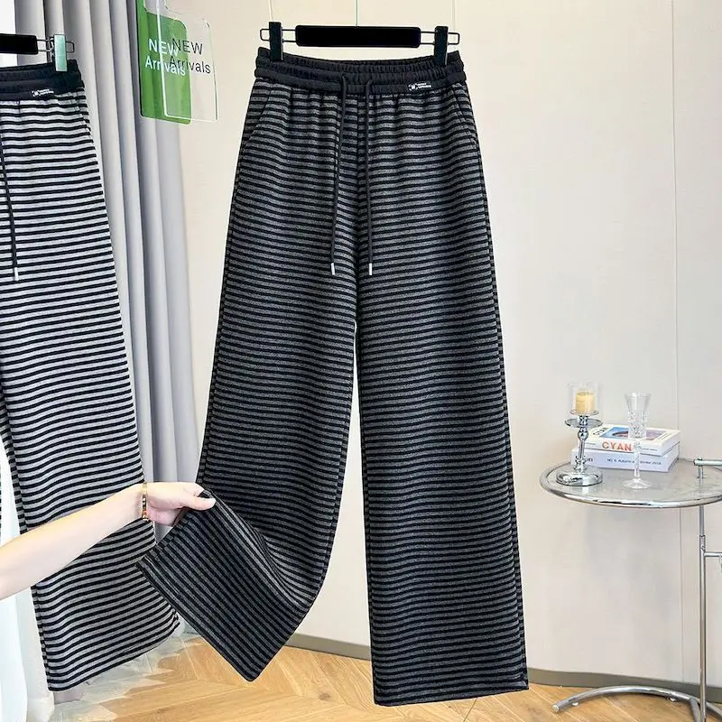 Straight Pants Casual 2026 Autumn Winter Korean Style Sweatpants Elastic Waisted Color-block Striped  Sweatpants Women Clothing