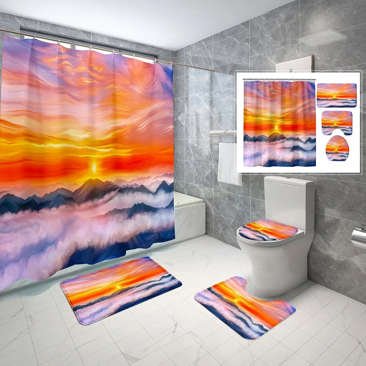 

4 Pcs Cartoon Sunrise Shower Curtain Set Colorful Abstract Fantasy Non-slip Bath Mat Toilet Lid Waterproof Shower Curtain Sets