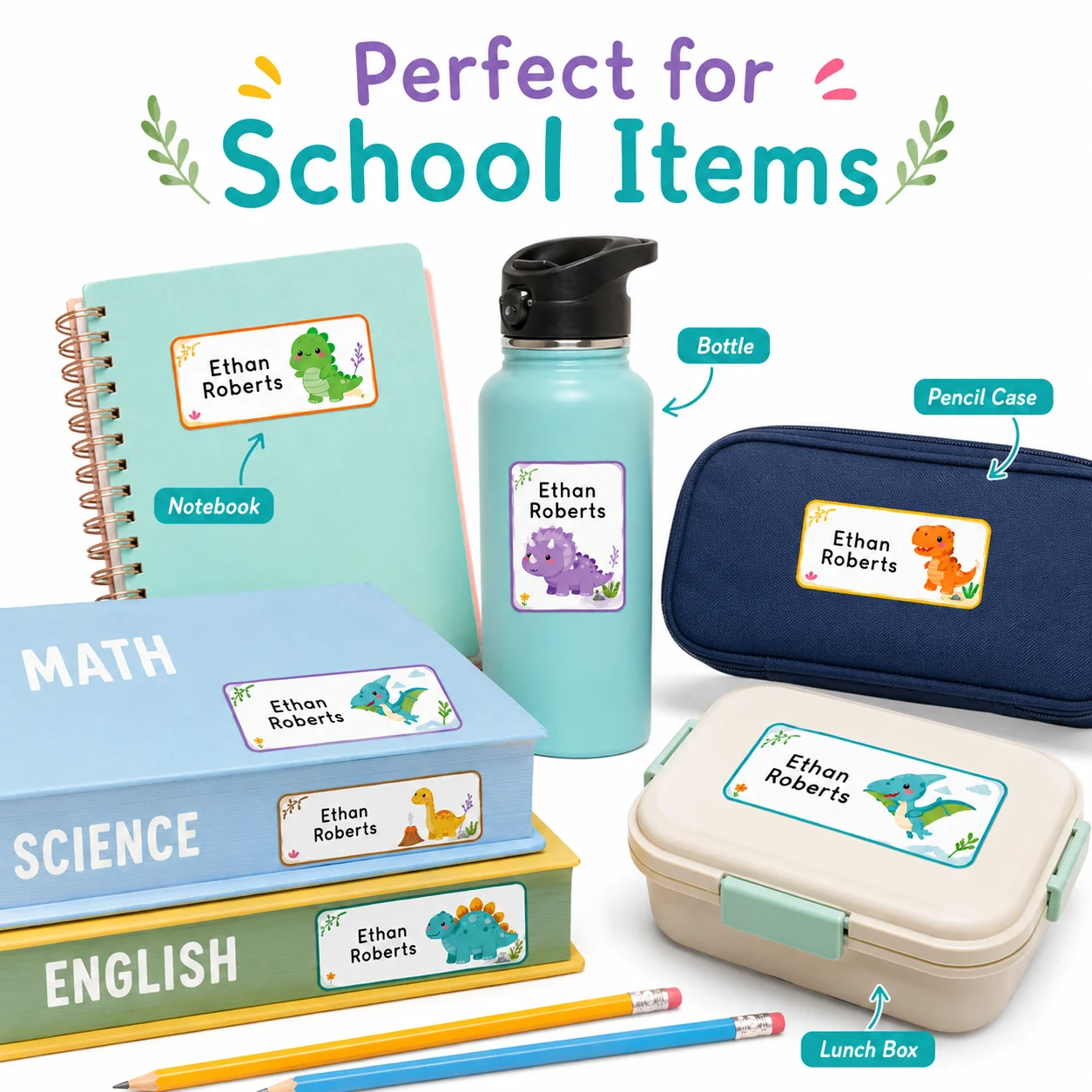 Customized Back-To-School Name Stickers Cute Dinosaur Name Stickers, Suitable for Personalized Labels for School, Office, Water Bottles, Pencils - Non-Curling Adhesive Waterproof Name Tags for School Classrooms, Backpacks, Luggage - Back-To-School Gift for Son or Daughter