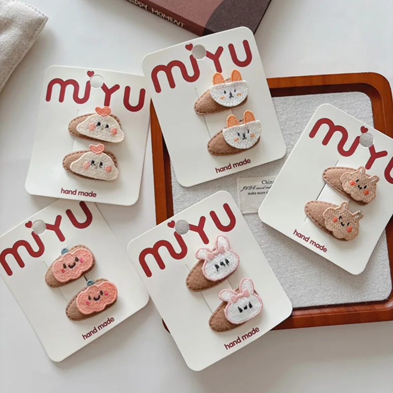 2PC Baby Girls Hair Clips Fringe BB Clips Milk Coffee Color Small Water Drop Designs with Cartoon Bunny Bear Pumpkin Patterns