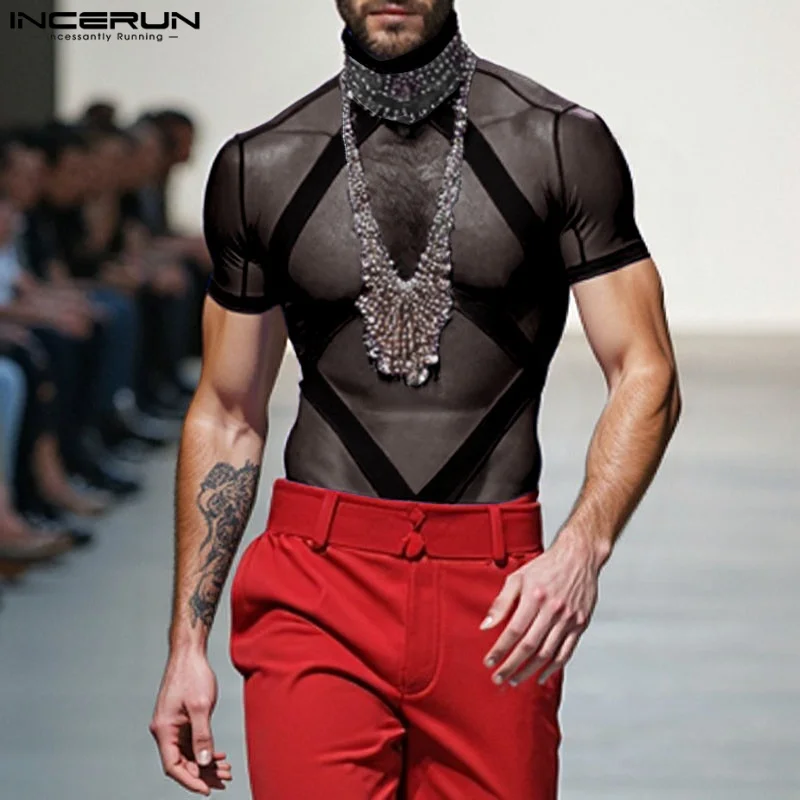 Summer Men's T Shirt Mesh Patchwork Transparent Turtleneck Short Sleeve Men Clothing INCERUN 2025 Streetwear Fashion Camisetas