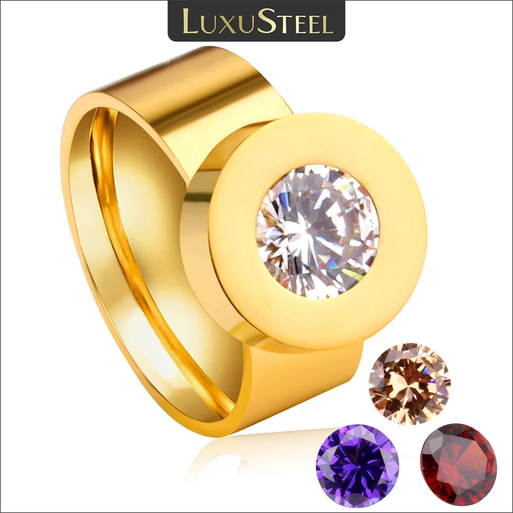 LUXUSTEEL zircon ring anillo inoxidable mujer Golden Round Finger Ring Party Wholesale Engagement Rings Stone Can Be Changed