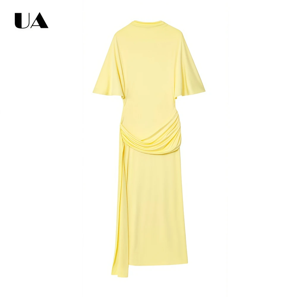 

Woman's Elegant Straight Draped Long Dress with Flare Sleeve, Classic Solid O-neck Empire Maxi Party Dress, Simple Pleated Dress