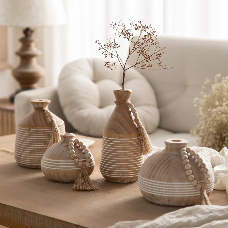 Small Wooden Flower Vases Adorned with Wooden Beads and Delicate White Speckles Room Decor