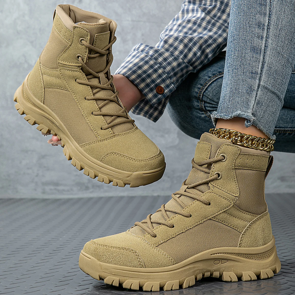 

Мужская походная обувь, уличные противоскользящие высокие ботинки на толстой подошве со шнуровкой, мужская удобная повседневная прочная повседневная спортивная обувь для мужчин