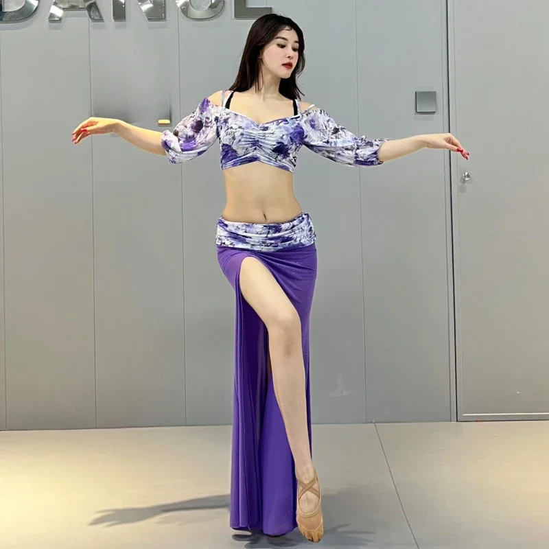 Belly Dancer Practice Clothes for Women Half Sleeves Top+Printed Long Skirt 2pcs Oriental Belly Dancing Performance Outfit