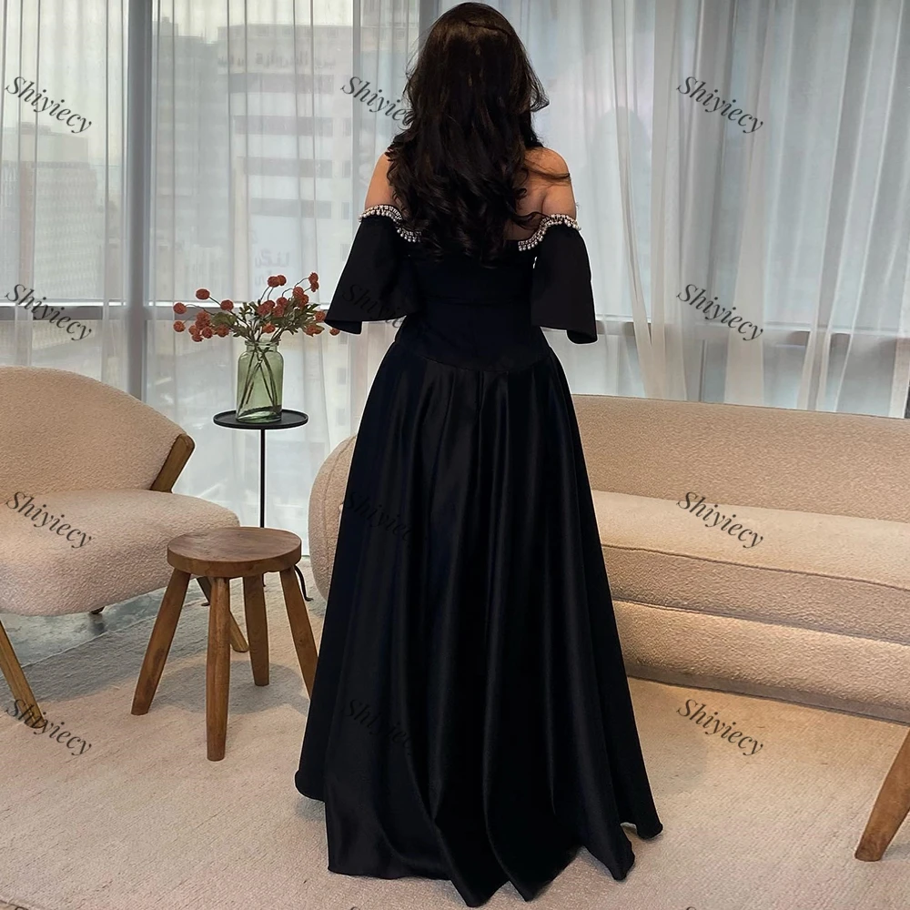 Black Beading Pearls Evening Dress Off the Shoulder A-Line Floor Length Satin Strapless Prom Gowns High Quality Party Dress 2024