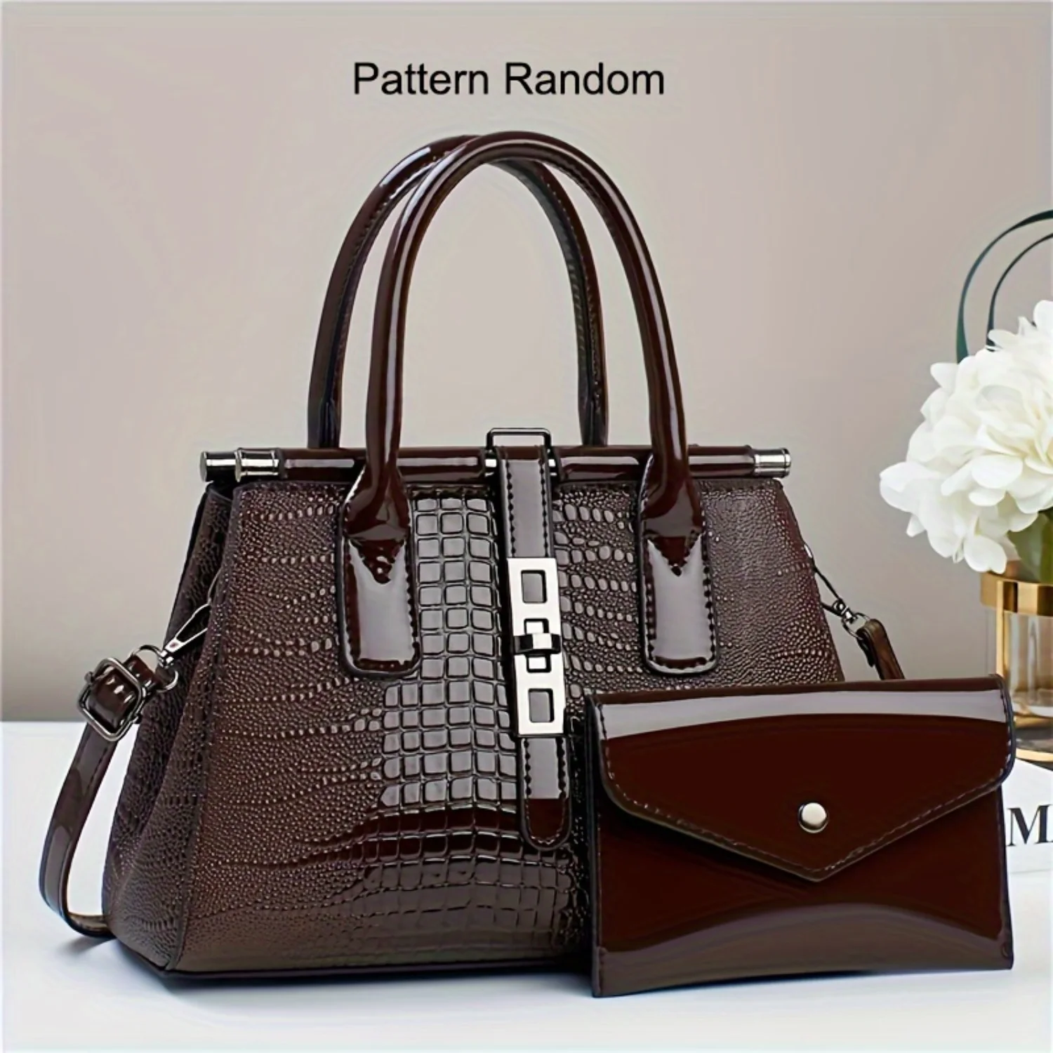 Fashionable Crocodile Texture Women's Handbag Set - Durable PU Leather, 2-Piece Tote & Clutch, Versatile Shoulder Bag for Chic L