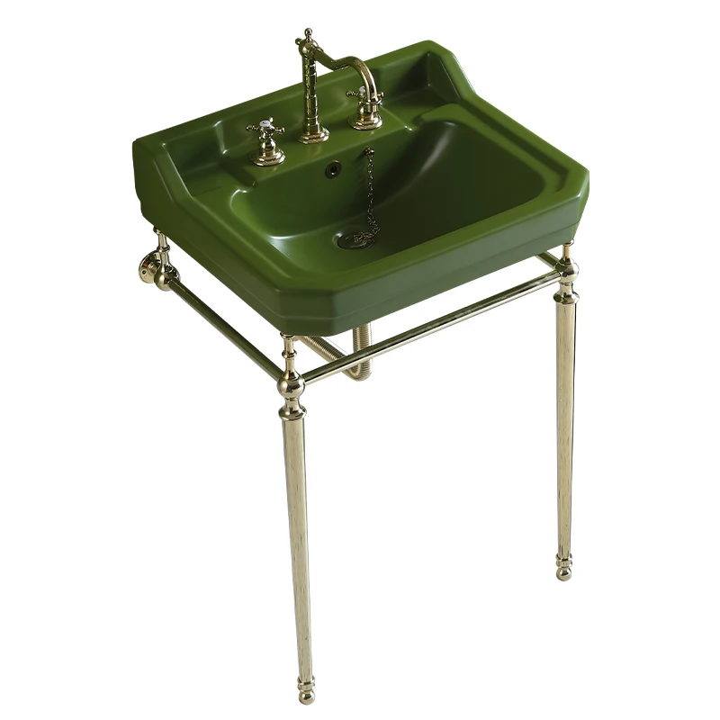 Grass green brass floor-to-ceiling integrated wash basin, dark green retro wind copper bracket