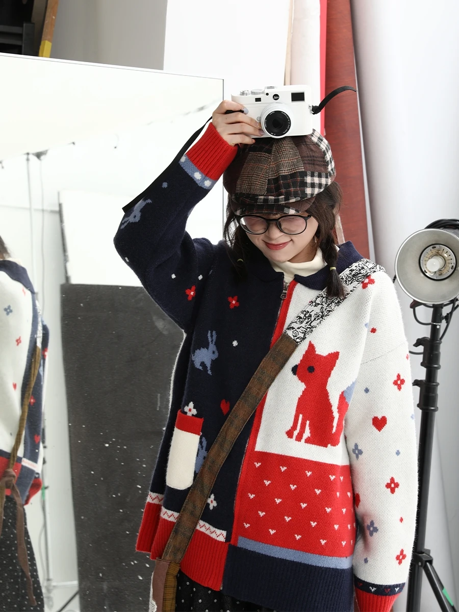 

Thiened Autumn Winter Animal Patchwork Sweater Jaet Original Vintage Universe King Long Sve round Ne Zipper Cardigan