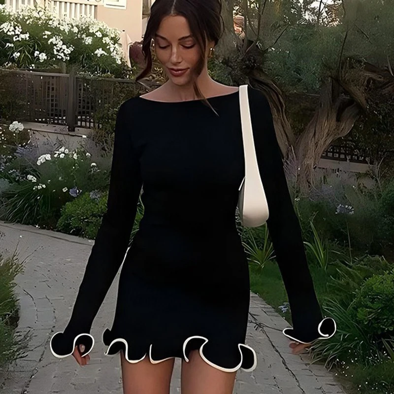 Elegante ronde hals plooi lange mouwen nieuwe damesjurken casual slanke roze zwart witte korte jurken dame chique feeststraat gewaden