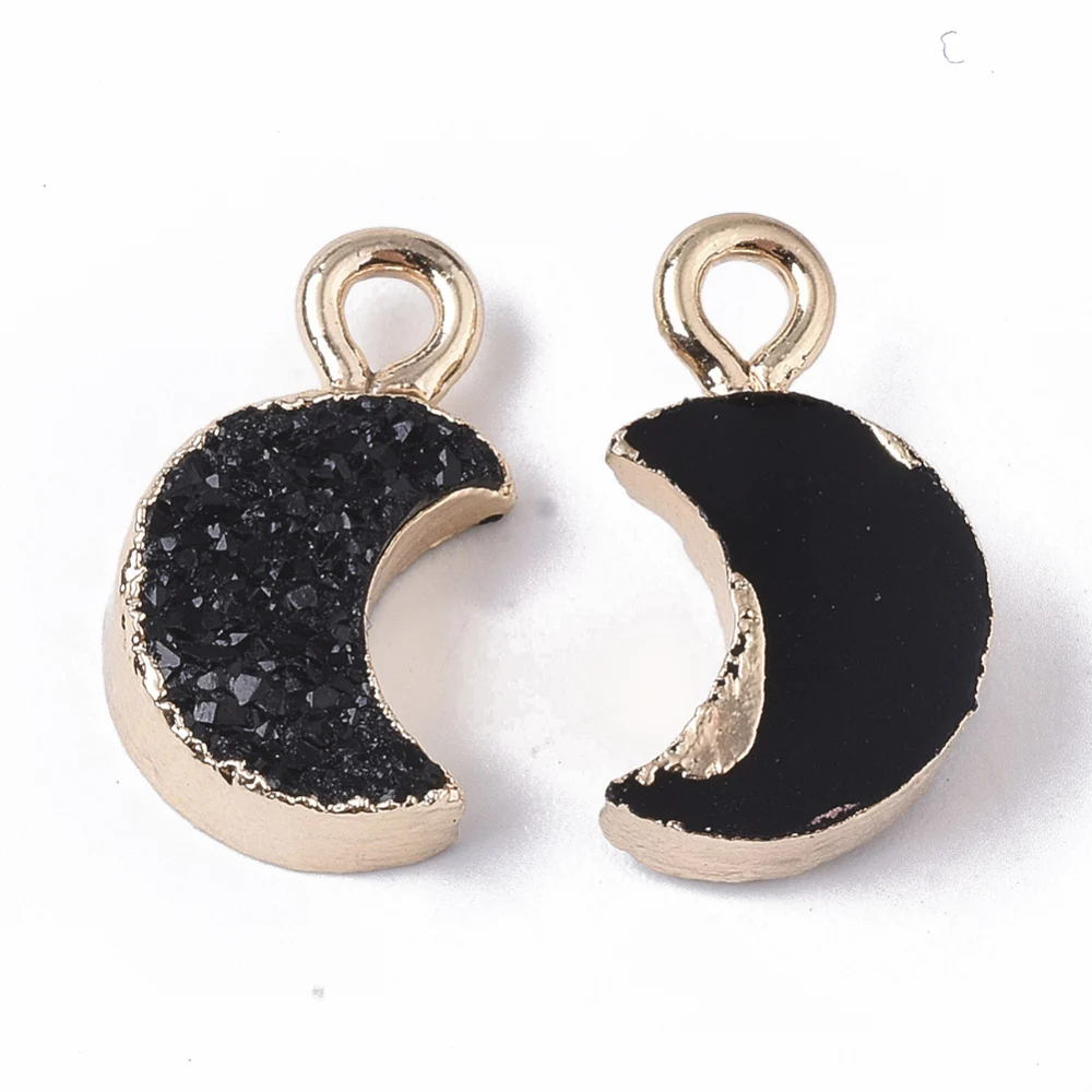 5 Pcs Black Druzy Resin Moon Pendants Charms with Edge Light Gold Plated Iron Loops Black Moon Pendants Accessory for Women DIY