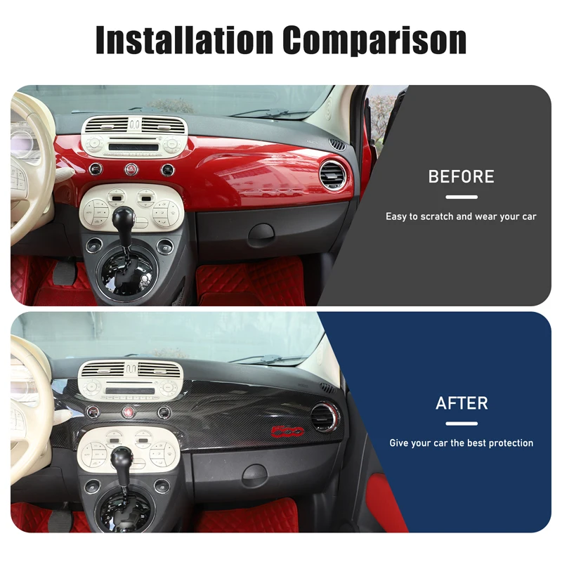 Para Fiat 500 2007-2015, cubierta de panel de control central de fibra de carbono real, marco del panel de instrumentos, accesorios decorativos adhesivos